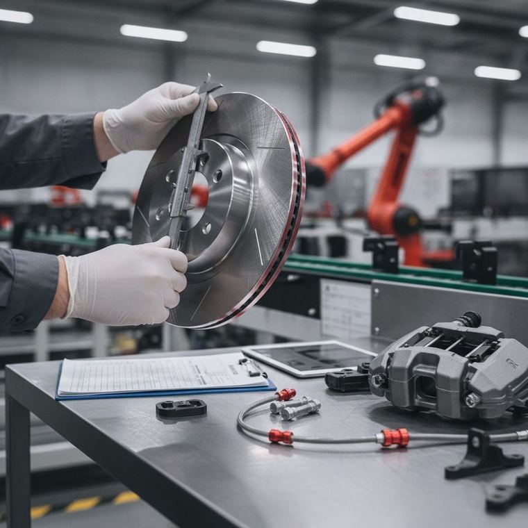 Inspector checking car spare parts quality in a Chinese factory